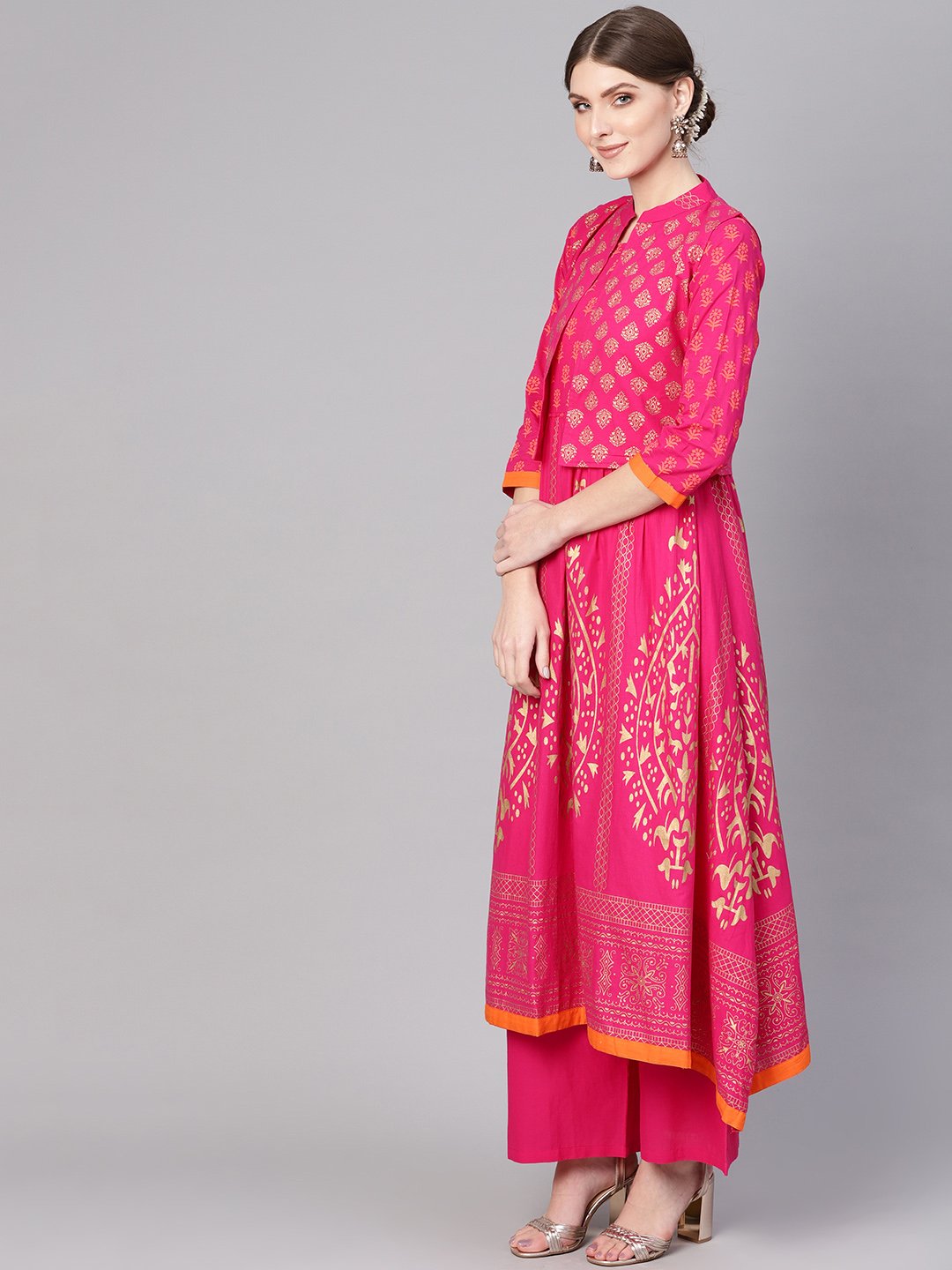 Women Pink & Golden Block Print Kurta With Palazzos & Ethnic Jacket | LASVINI - Redefining Indian Fashion with Elegance