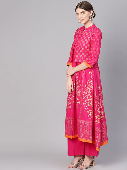 Women Pink & Golden Block Print Kurta With Palazzos & Ethnic Jacket | LASVINI - Redefining Indian Fashion with Elegance