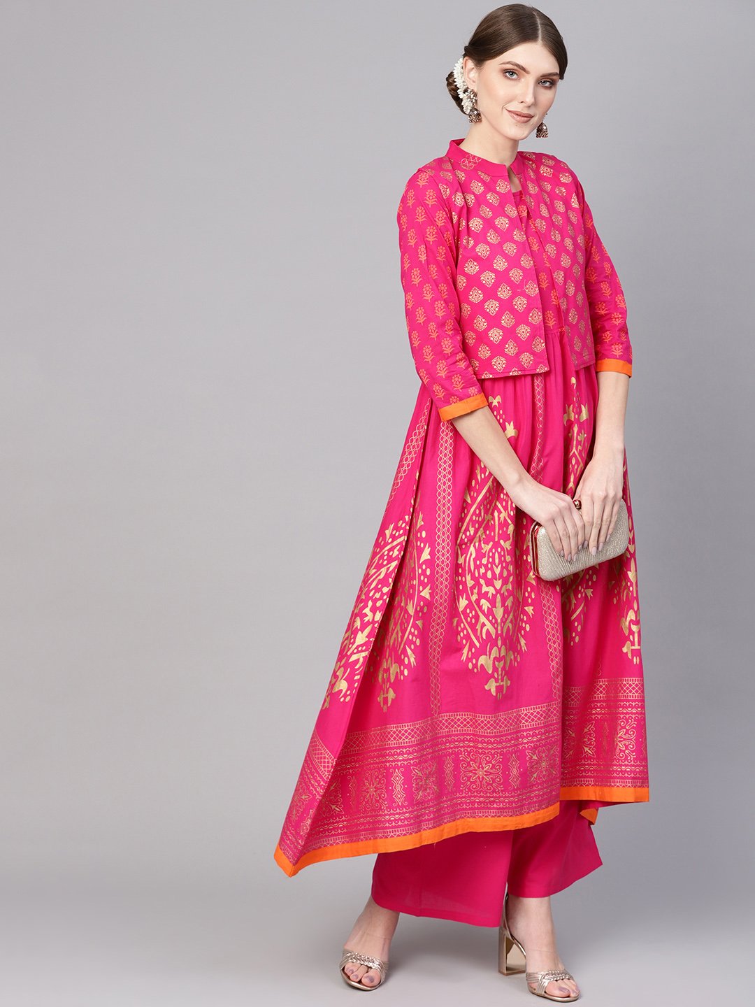 Women Pink & Golden Block Print Kurta With Palazzos & Ethnic Jacket | LASVINI - Redefining Indian Fashion with Elegance