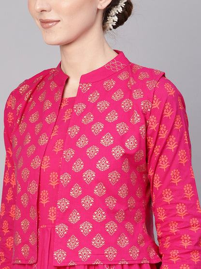 Women Pink & Golden Block Print Kurta With Palazzos & Ethnic Jacket | LASVINI - Redefining Indian Fashion with Elegance