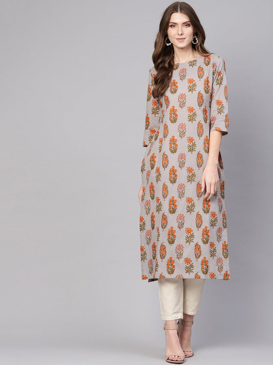 Women Grey & Orange Printed Straight Kurta | LASVINI - Redefining Indian Fashion with Elegance