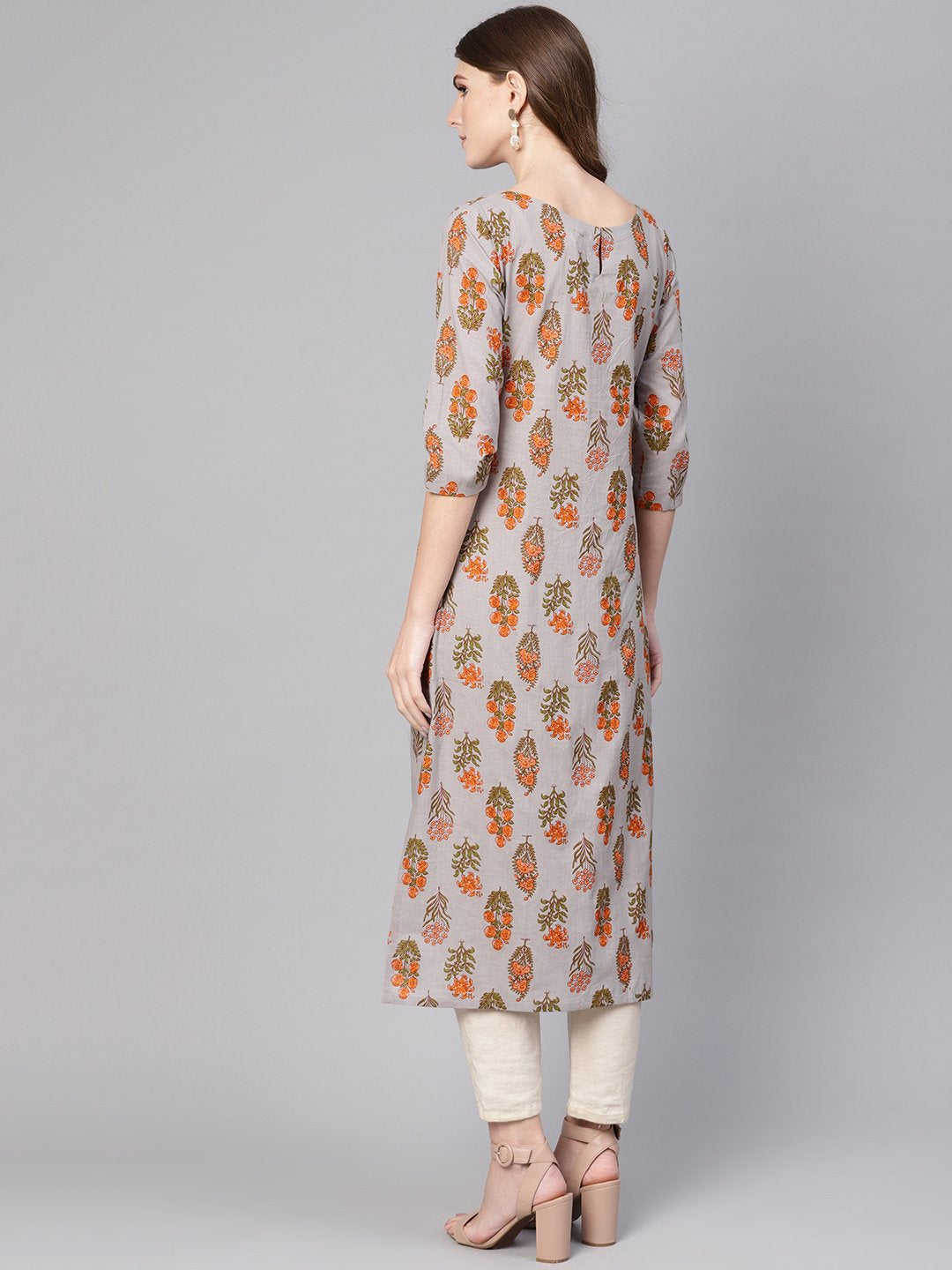 Women Grey & Orange Printed Straight Kurta | LASVINI - Redefining Indian Fashion with Elegance