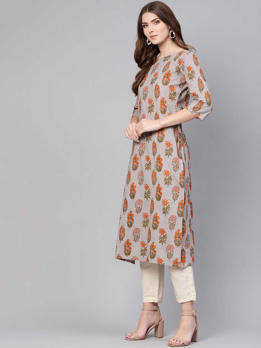 Women Grey & Orange Printed Straight Kurta | LASVINI - Redefining Indian Fashion with Elegance