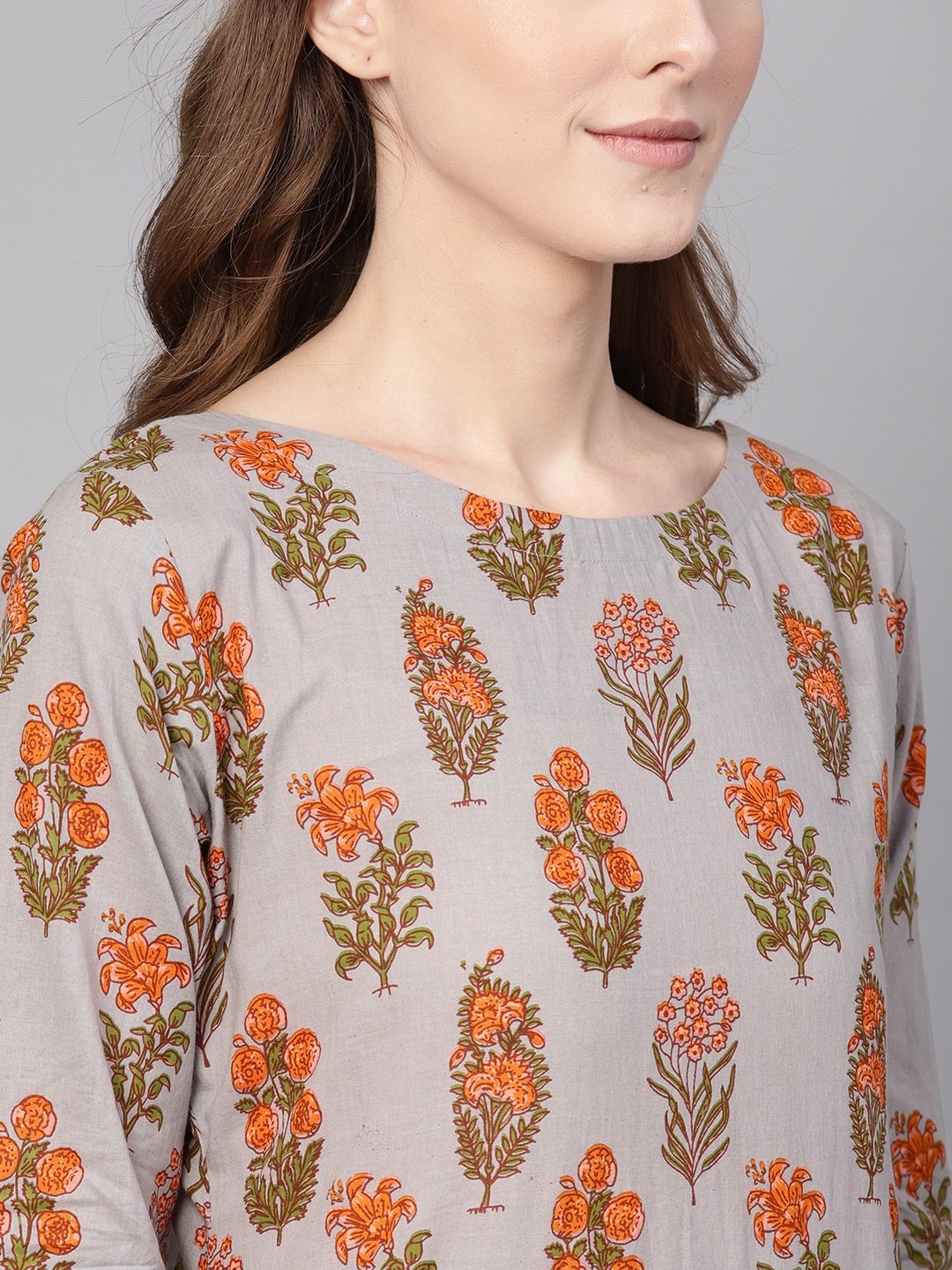 Women Grey & Orange Printed Straight Kurta | LASVINI - Redefining Indian Fashion with Elegance