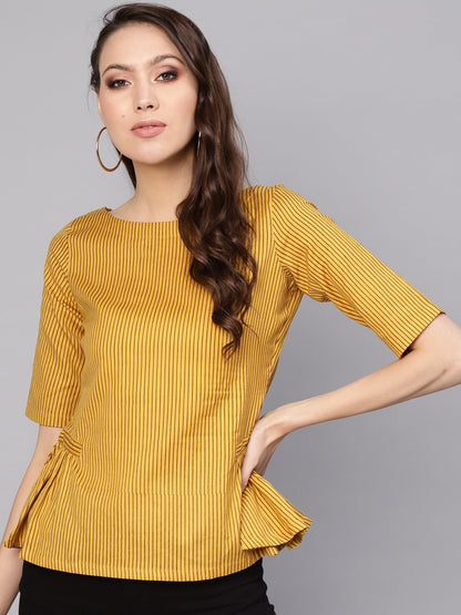 Women Mustard Yellow & Brown Striped A-Line Top | LASVINI - Redefining Indian Fashion with Elegance