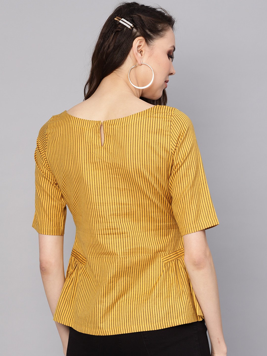 Women Mustard Yellow & Brown Striped A-Line Top | LASVINI - Redefining Indian Fashion with Elegance
