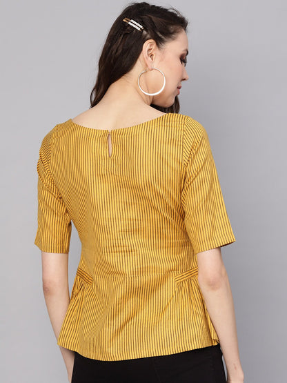 Women Mustard Yellow & Brown Striped A-Line Top | LASVINI - Redefining Indian Fashion with Elegance