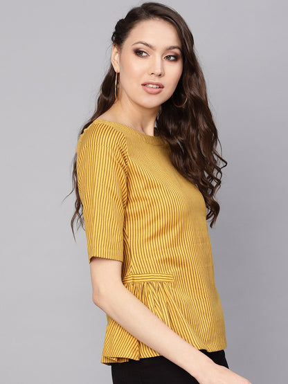 Women Mustard Yellow & Brown Striped A-Line Top | LASVINI - Redefining Indian Fashion with Elegance