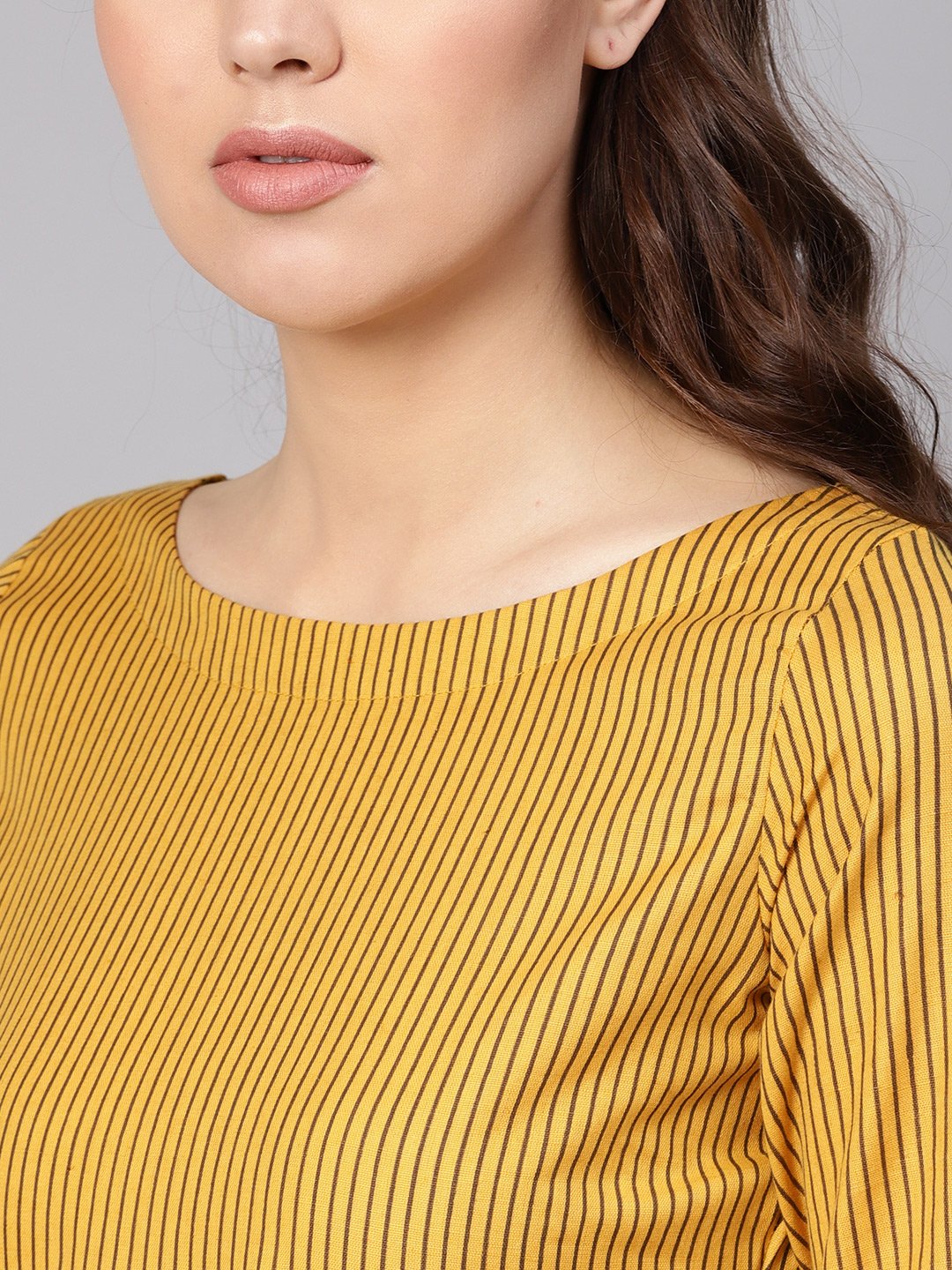 Women Mustard Yellow & Brown Striped A-Line Top | LASVINI - Redefining Indian Fashion with Elegance