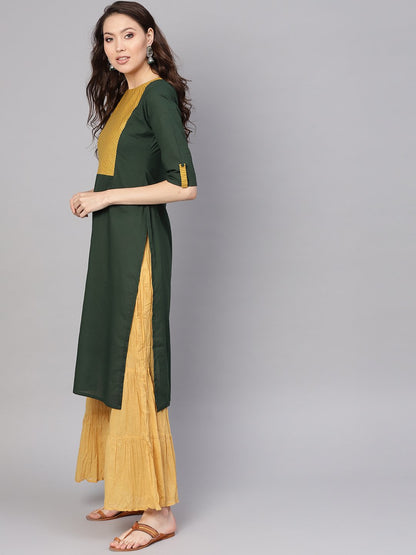 Women Green & Yellow Yoke Design Straight Kurta | LASVINI - Redefining Indian Fashion with Elegance