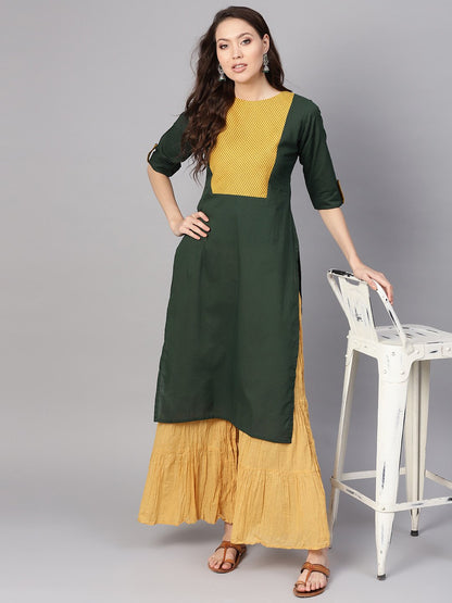 Women Green & Yellow Yoke Design Straight Kurta | LASVINI - Redefining Indian Fashion with Elegance