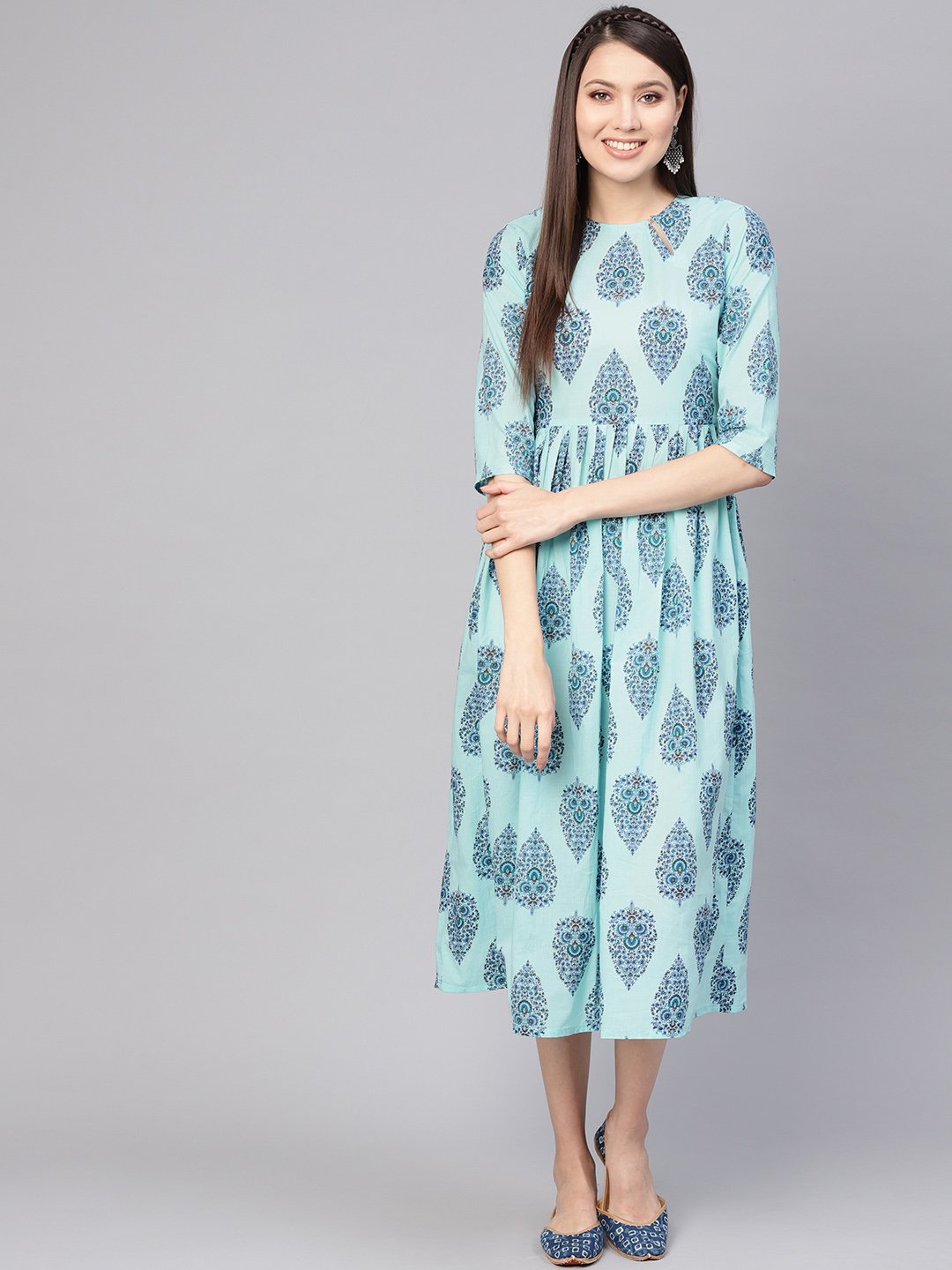 Women Blue Printed A-Line Dress | LASVINI - Redefining Indian Fashion with Elegance