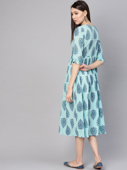 Women Blue Printed A-Line Dress | LASVINI - Redefining Indian Fashion with Elegance