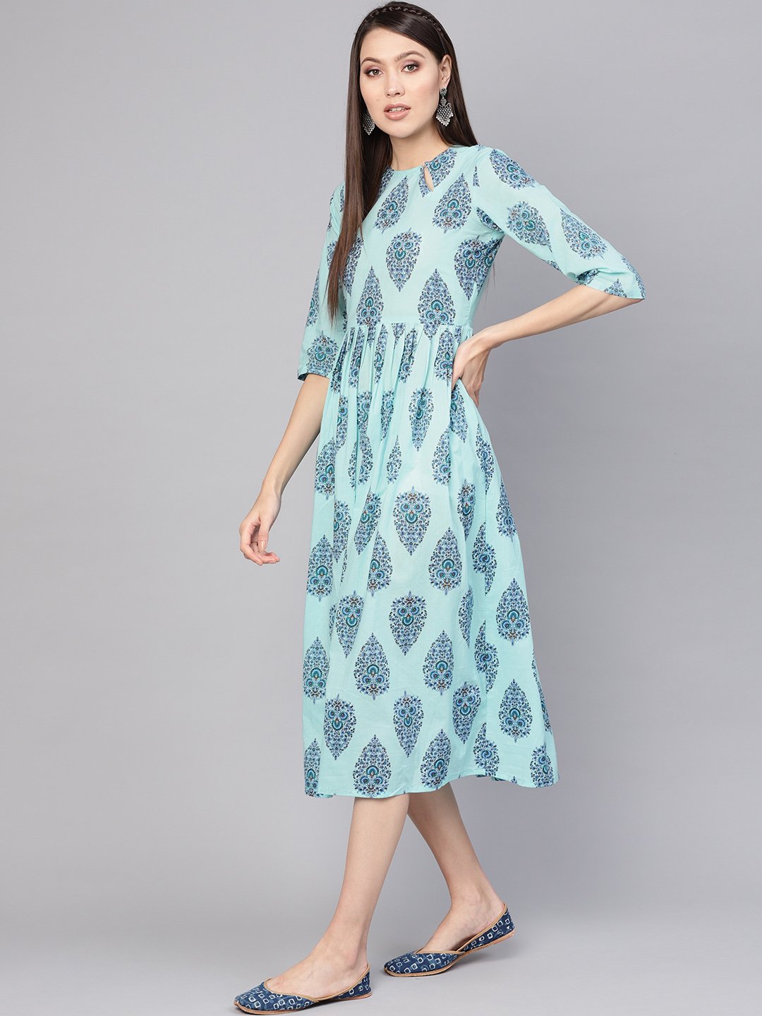 Women Blue Printed A-Line Dress | LASVINI - Redefining Indian Fashion with Elegance