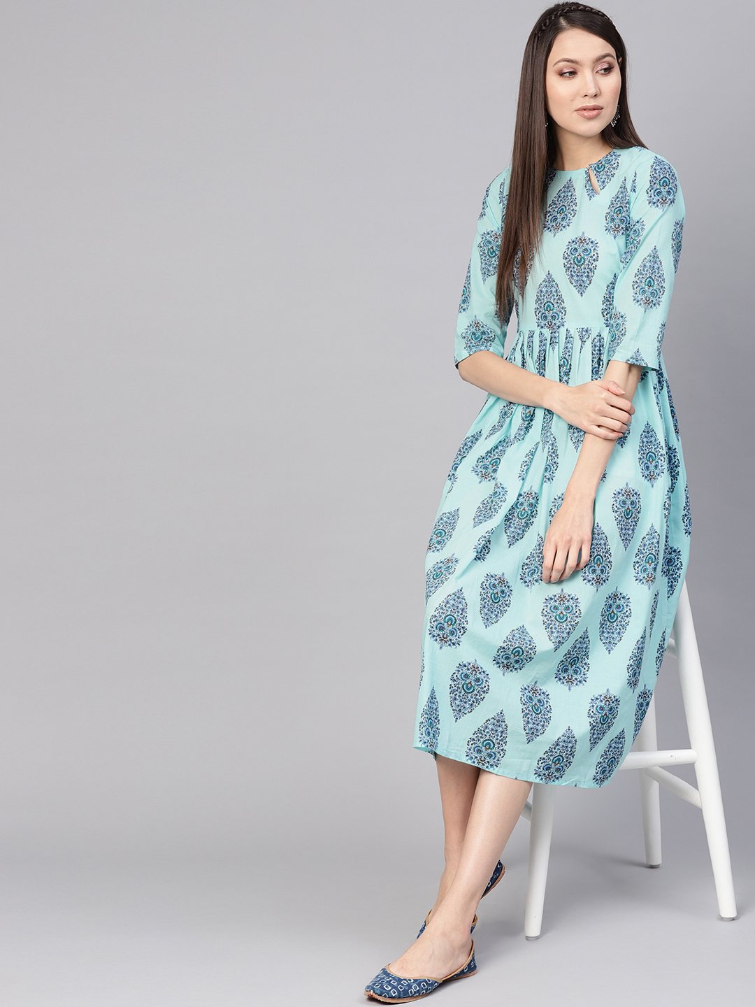 Women Blue Printed A-Line Dress | LASVINI - Redefining Indian Fashion with Elegance