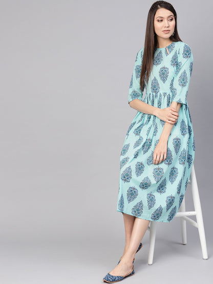 Women Blue Printed A-Line Dress | LASVINI - Redefining Indian Fashion with Elegance