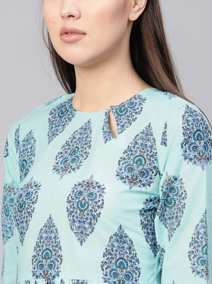 Women Blue Printed A-Line Dress | LASVINI - Redefining Indian Fashion with Elegance