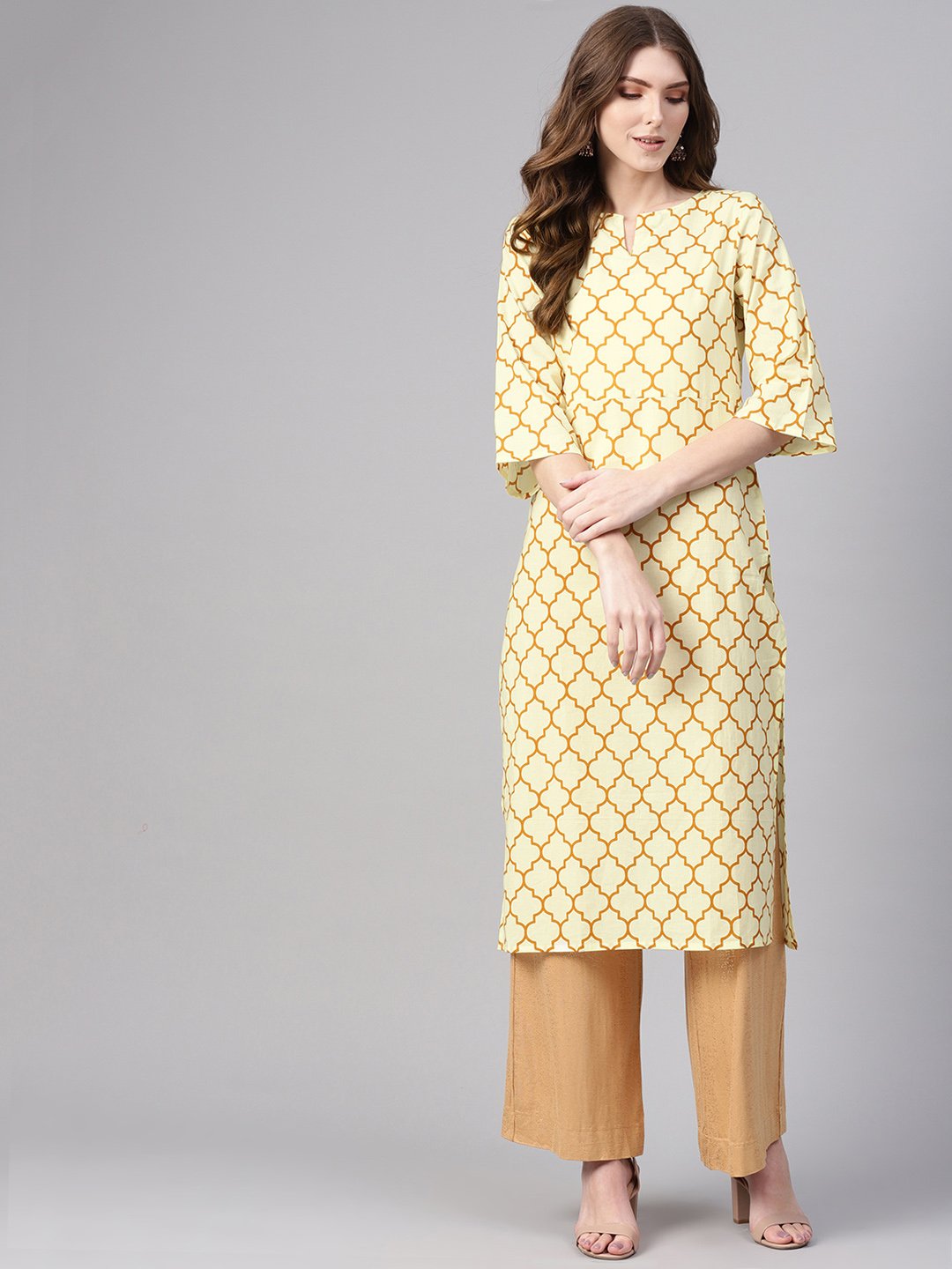 Women Cream-Coloured & Mustard Brown Printed Straight Kurta | LASVINI - Redefining Indian Fashion with Elegance