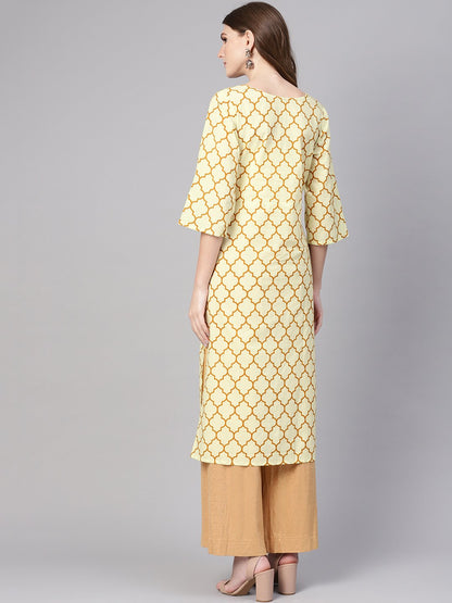 Women Cream-Coloured & Mustard Brown Printed Straight Kurta | LASVINI - Redefining Indian Fashion with Elegance