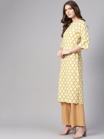 Women Cream-Coloured & Mustard Brown Printed Straight Kurta | LASVINI - Redefining Indian Fashion with Elegance