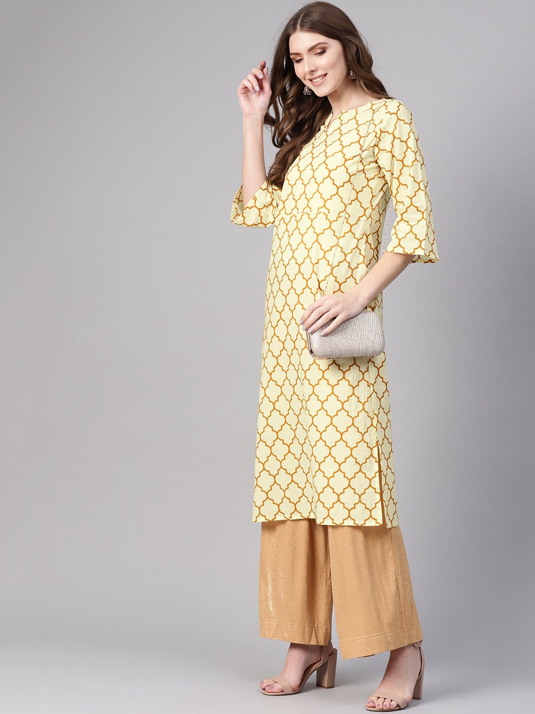 Women Cream-Coloured & Mustard Brown Printed Straight Kurta | LASVINI - Redefining Indian Fashion with Elegance