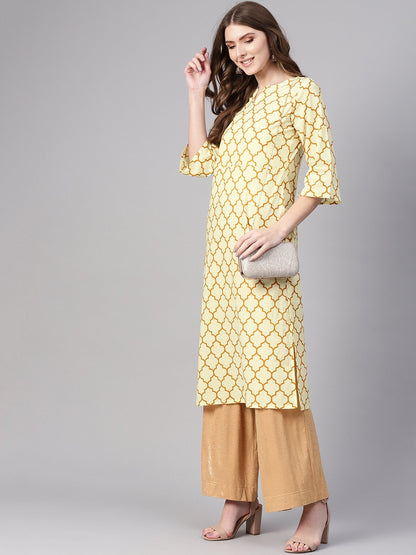 Women Cream-Coloured & Mustard Brown Printed Straight Kurta | LASVINI - Redefining Indian Fashion with Elegance