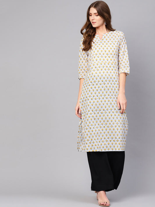Women Off-White & Mustard Yellow Printed Straight Kurta | LASVINI - Redefining Indian Fashion with Elegance