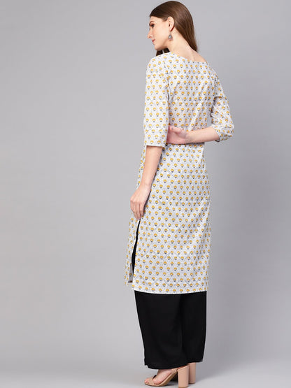 Women Off-White & Mustard Yellow Printed Straight Kurta | LASVINI - Redefining Indian Fashion with Elegance