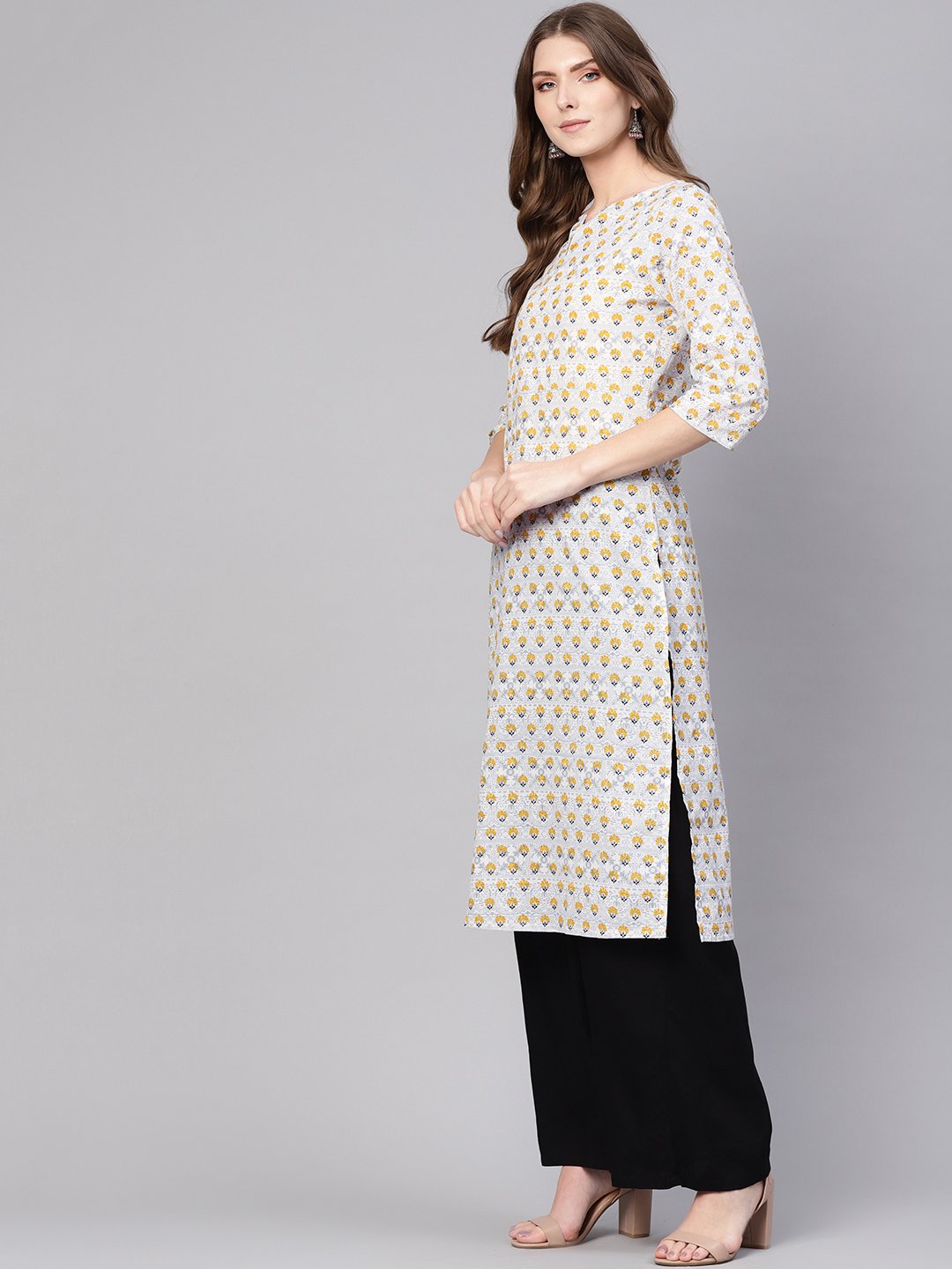 Women Off-White & Mustard Yellow Printed Straight Kurta | LASVINI - Redefining Indian Fashion with Elegance