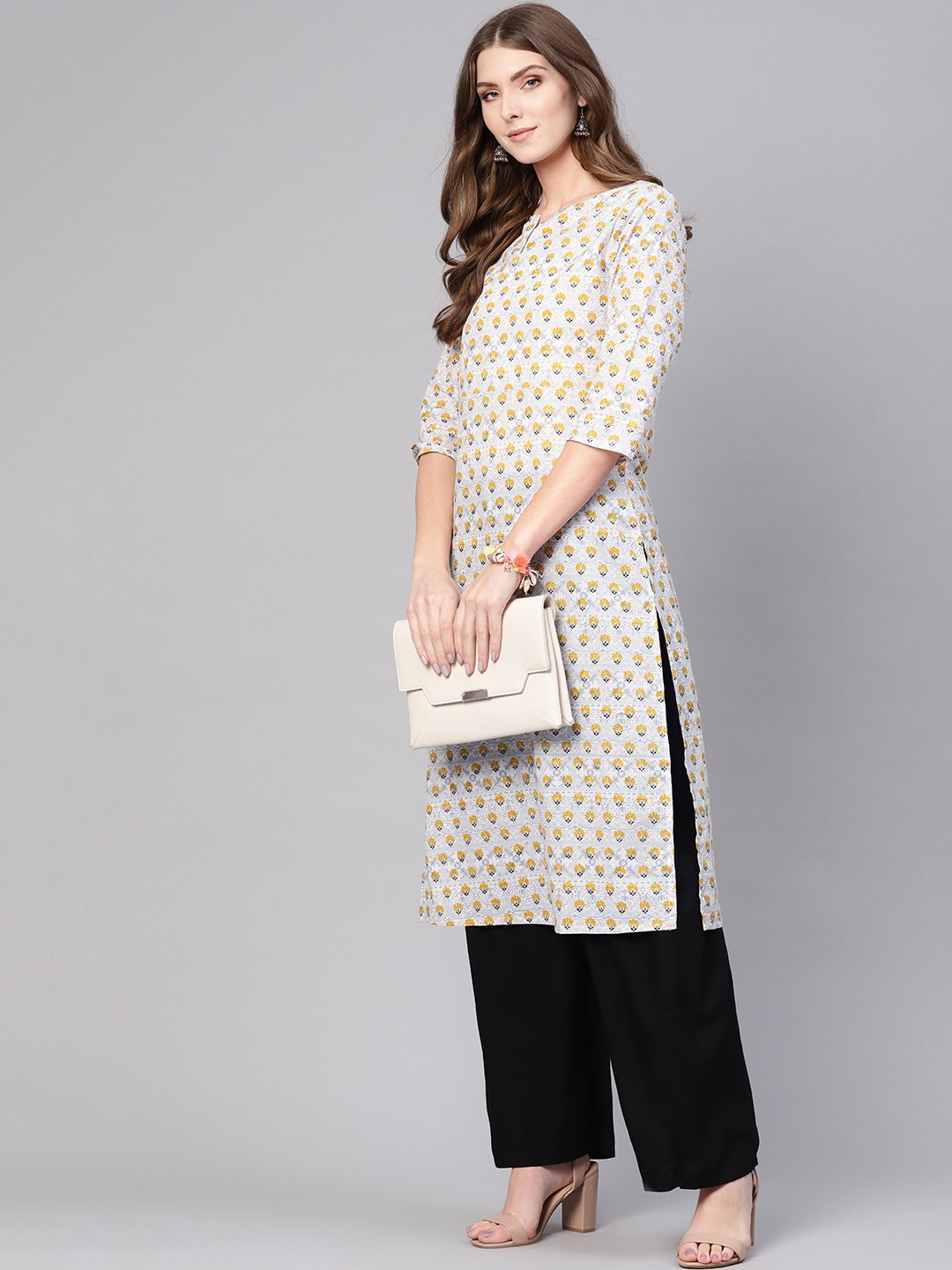 Women Off-White & Mustard Yellow Printed Straight Kurta | LASVINI - Redefining Indian Fashion with Elegance