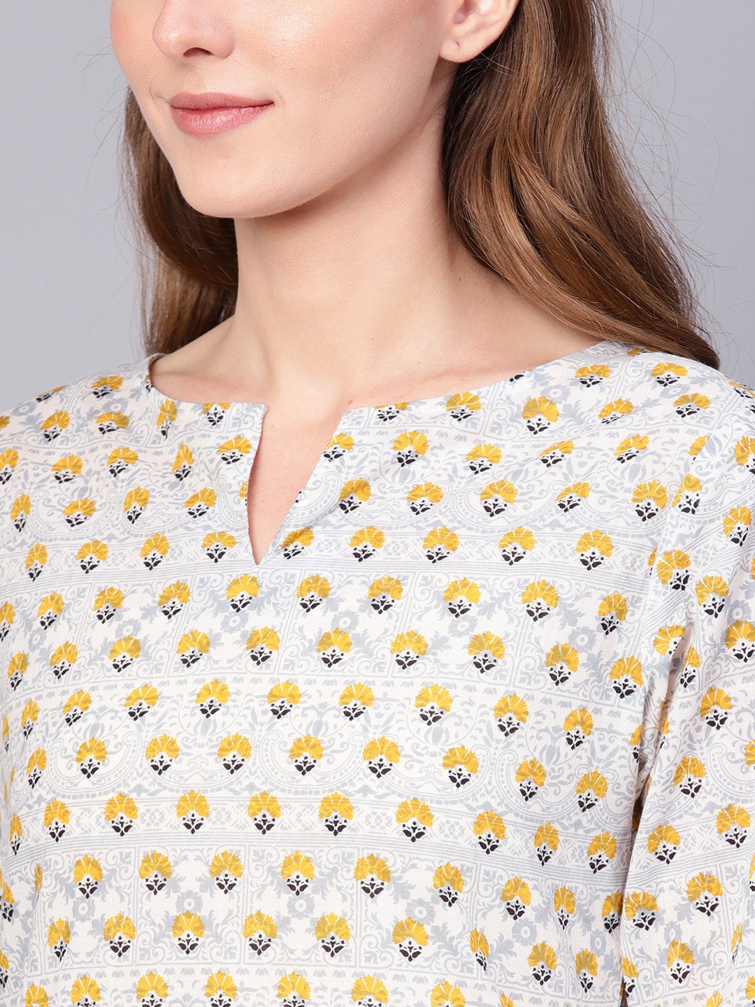 Women Off-White & Mustard Yellow Printed Straight Kurta | LASVINI - Redefining Indian Fashion with Elegance