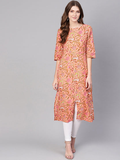 Women Peach-Coloured & Olive Green Printed Straight Kurta | LASVINI - Redefining Indian Fashion with Elegance