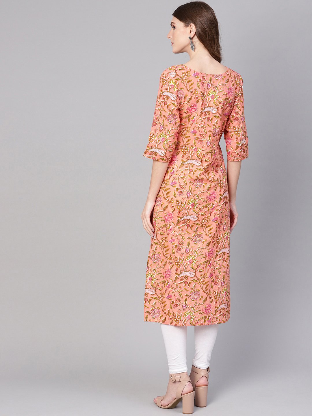 Women Peach-Coloured & Olive Green Printed Straight Kurta | LASVINI - Redefining Indian Fashion with Elegance