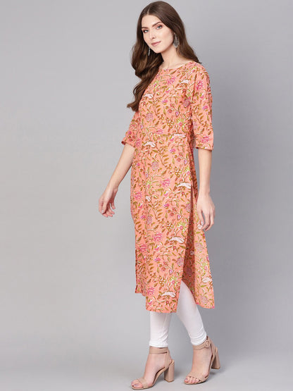 Women Peach-Coloured & Olive Green Printed Straight Kurta | LASVINI - Redefining Indian Fashion with Elegance