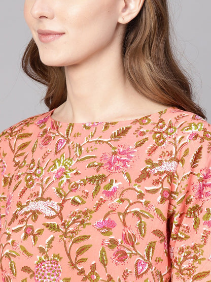 Women Peach-Coloured & Olive Green Printed Straight Kurta | LASVINI - Redefining Indian Fashion with Elegance