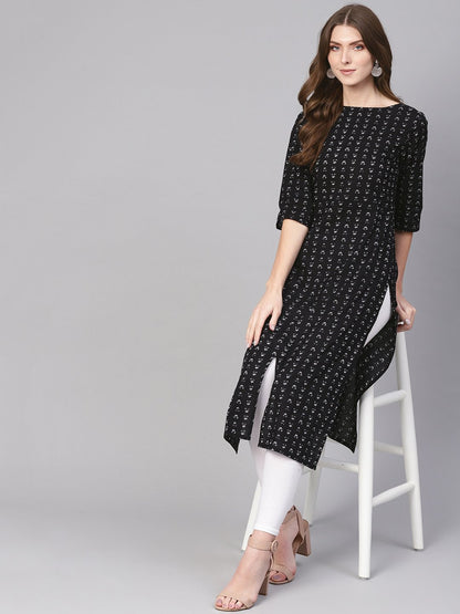 Women Black & White Printed Straight Kurta | LASVINI - Redefining Indian Fashion with Elegance