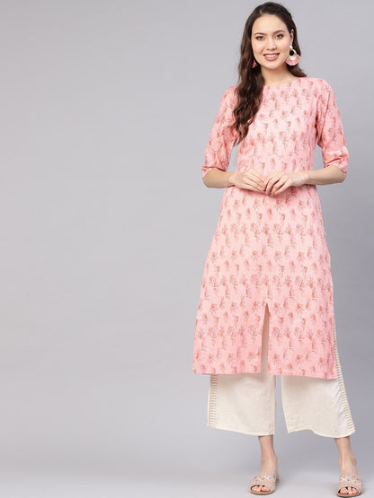 Women Peach-Coloured Printed Straight Kurta | LASVINI - Redefining Indian Fashion with Elegance