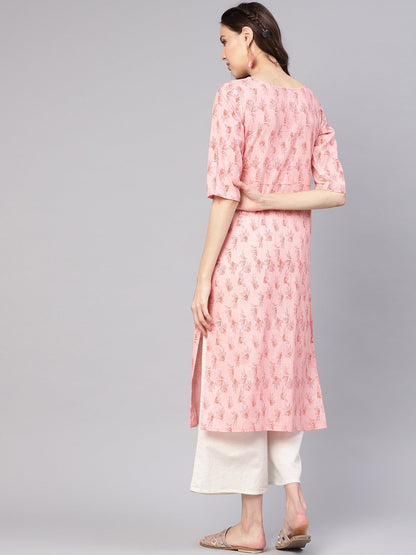Women Peach-Coloured Printed Straight Kurta | LASVINI - Redefining Indian Fashion with Elegance