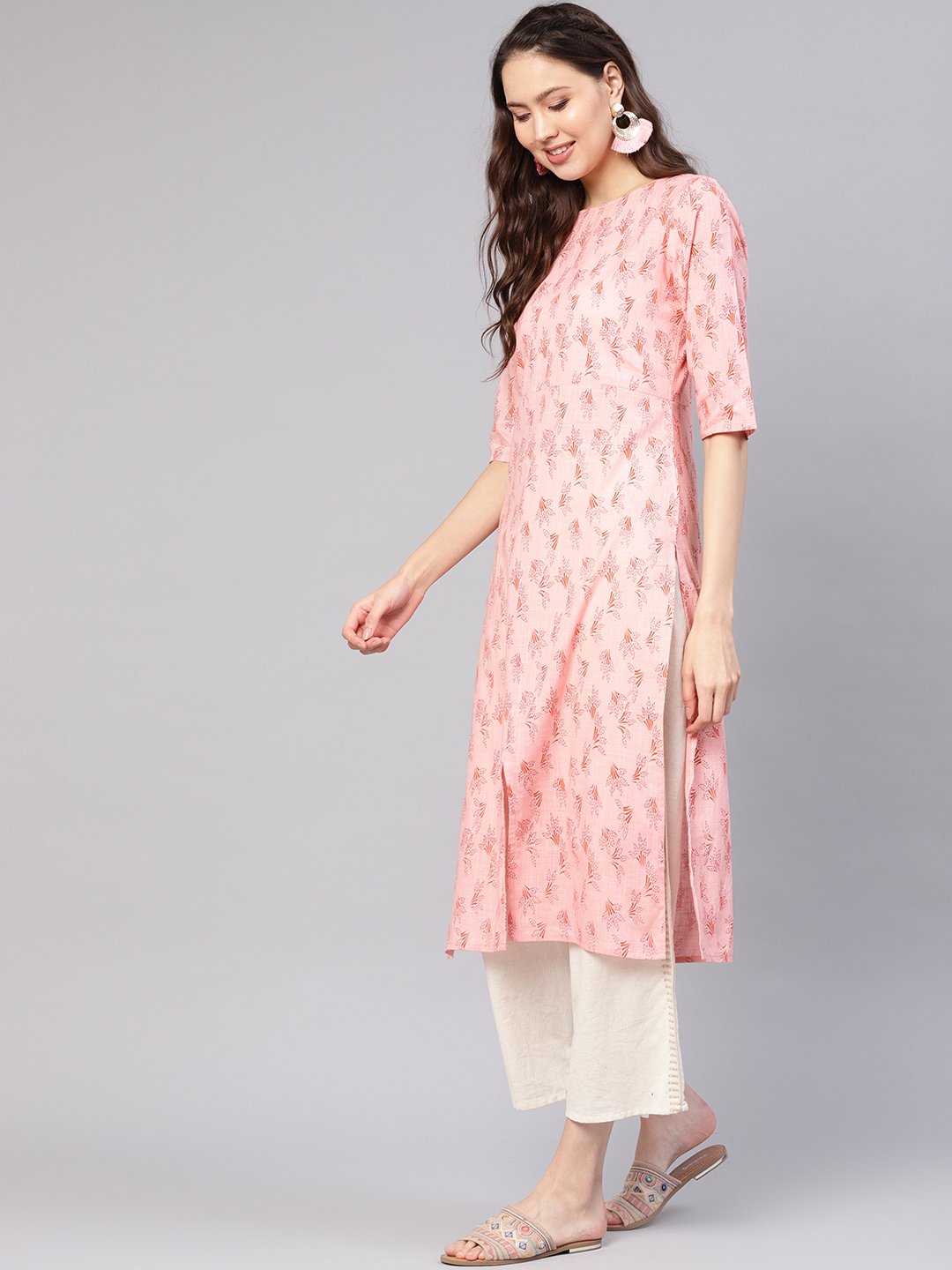 Women Peach-Coloured Printed Straight Kurta | LASVINI - Redefining Indian Fashion with Elegance