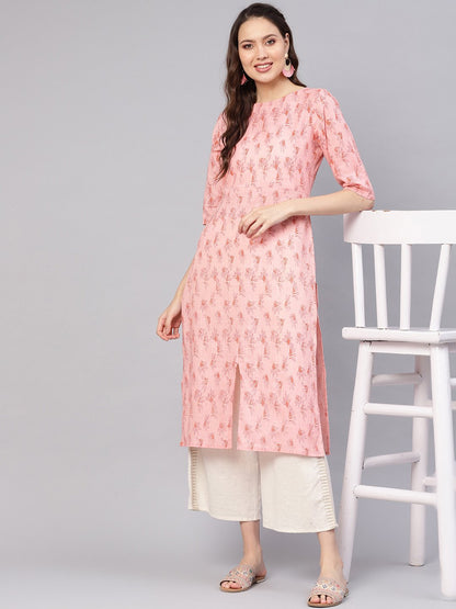 Women Peach-Coloured Printed Straight Kurta | LASVINI - Redefining Indian Fashion with Elegance