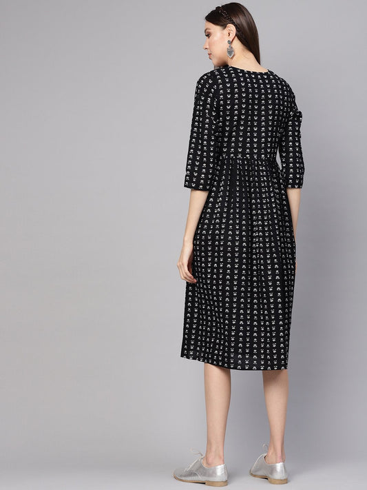 Women Black & Off-White Printed A-Line Dress | LASVINI - Redefining Indian Fashion with Elegance