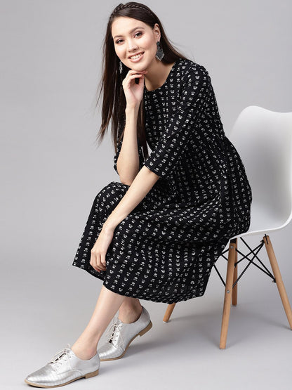 Women Black & Off-White Printed A-Line Dress | LASVINI - Redefining Indian Fashion with Elegance