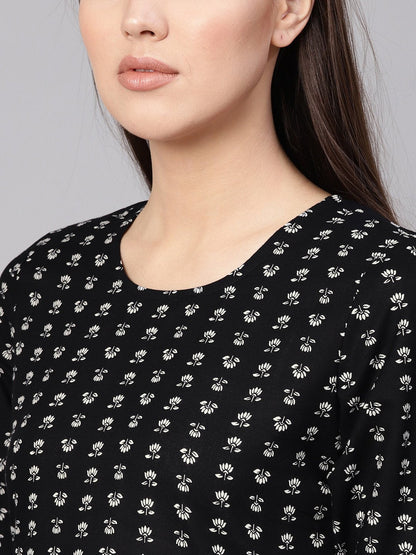 Women Black & Off-White Printed A-Line Dress | LASVINI - Redefining Indian Fashion with Elegance