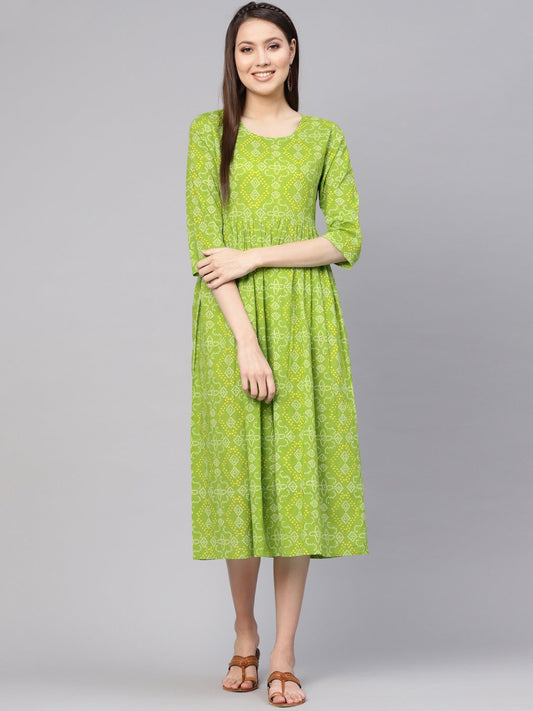 Women Green & Yellow Bandhej Printed A-Line Dress | LASVINI - Redefining Indian Fashion with Elegance