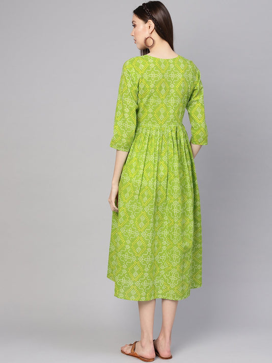 Women Green & Yellow Bandhej Printed A-Line Dress | LASVINI - Redefining Indian Fashion with Elegance