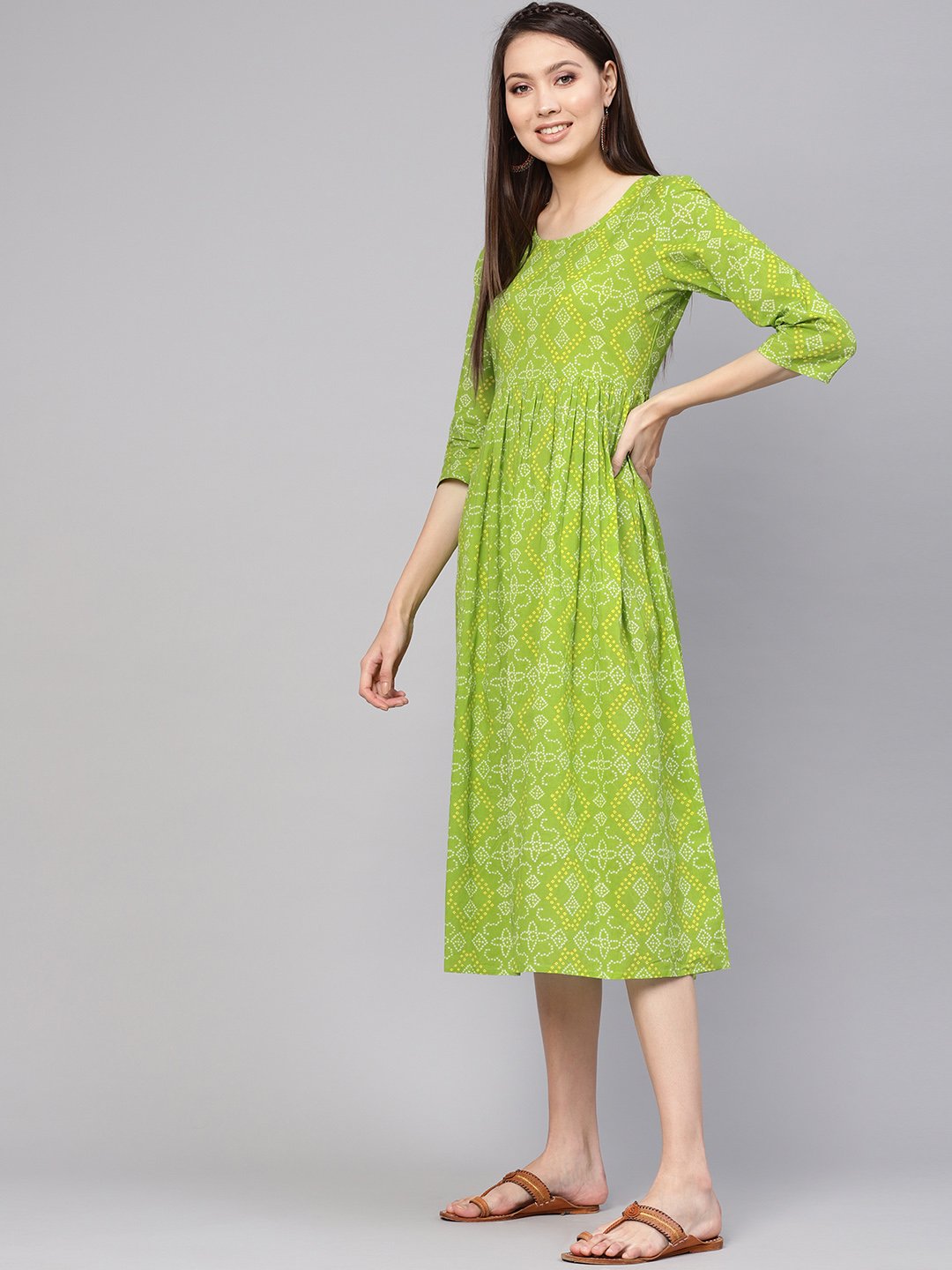 Women Green & Yellow Bandhej Printed A-Line Dress | LASVINI - Redefining Indian Fashion with Elegance
