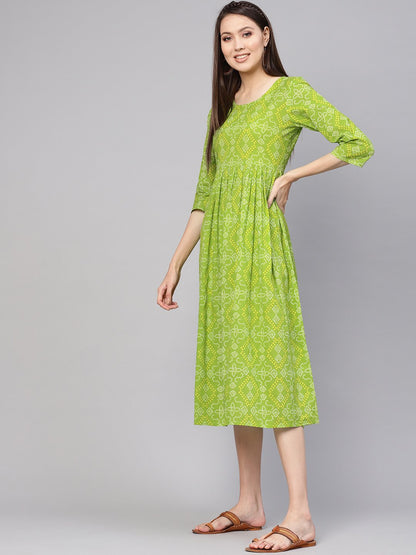 Women Green & Yellow Bandhej Printed A-Line Dress | LASVINI - Redefining Indian Fashion with Elegance