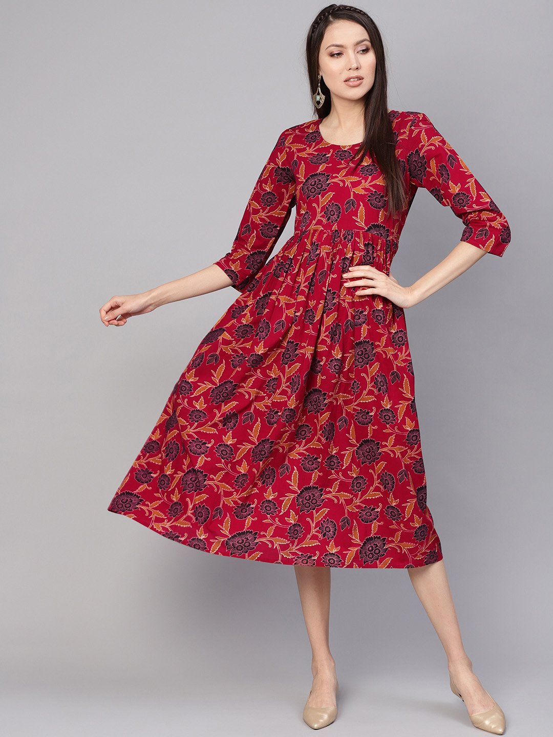 Women Maroon & Black Printed A-Line Dress | LASVINI - Redefining Indian Fashion with Elegance