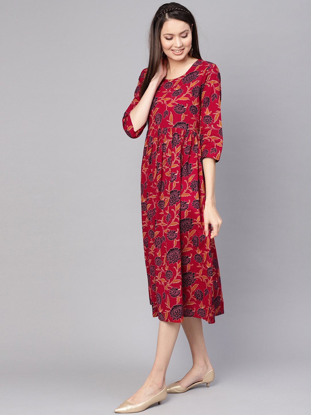 Women Maroon & Black Printed A-Line Dress | LASVINI - Redefining Indian Fashion with Elegance