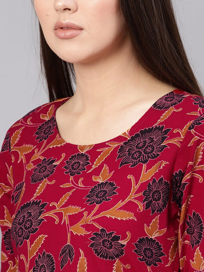 Women Maroon & Black Printed A-Line Dress | LASVINI - Redefining Indian Fashion with Elegance
